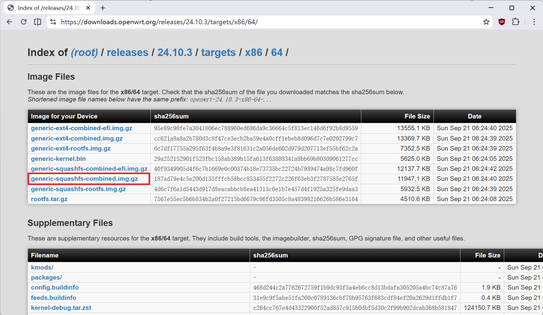 openwrt 24.10.3 x86/64 target 的下载网站页面,显示有多个不同的文件。红框圈中其其中的 generic-squashfs-combined.img.gz